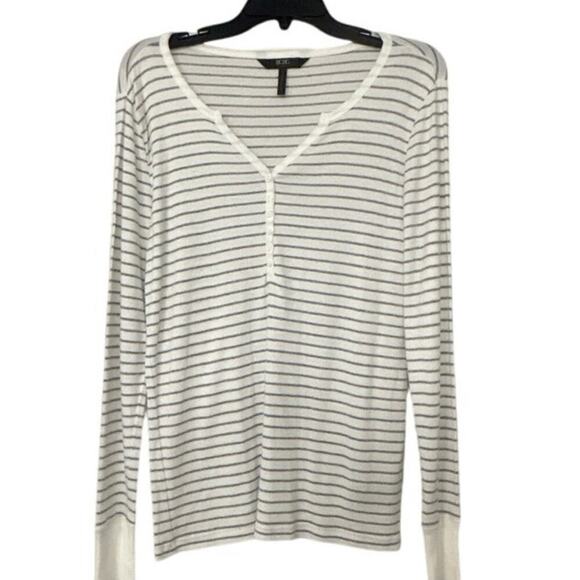 BCBG Paris Cotton Modal White Gray Striped Henley Long Sleeve Top Large Y2K - Picture 1 of 11